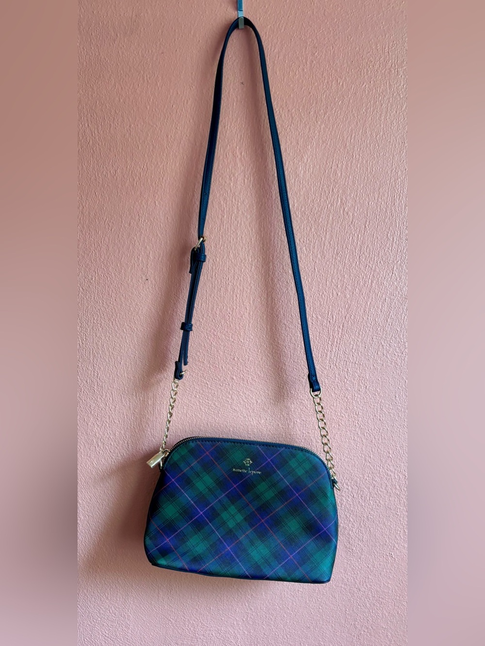 Nanette Lepore Navy Green Plaid Crossbody Vegan Pebble Leather with Gold Chain